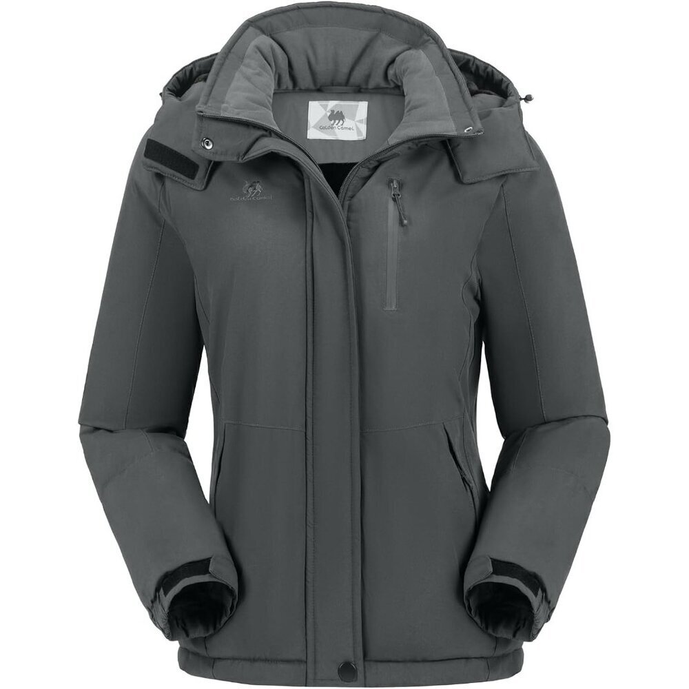Women's Grey Waterproof Ski Jacket Warm Winter Snow Coat Hooded Fleece Mountain